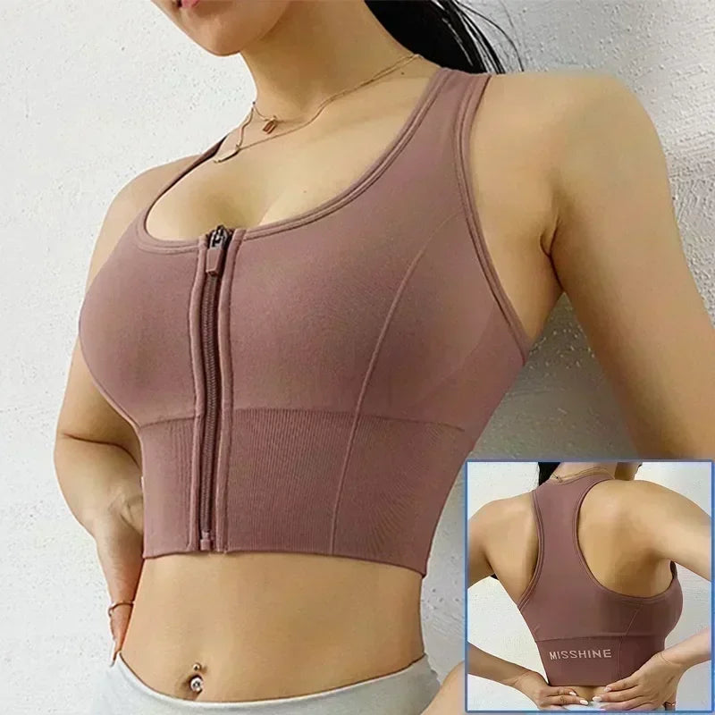 Front Zipper Push Up Sports Bra – Shockproof Gym Crop Top