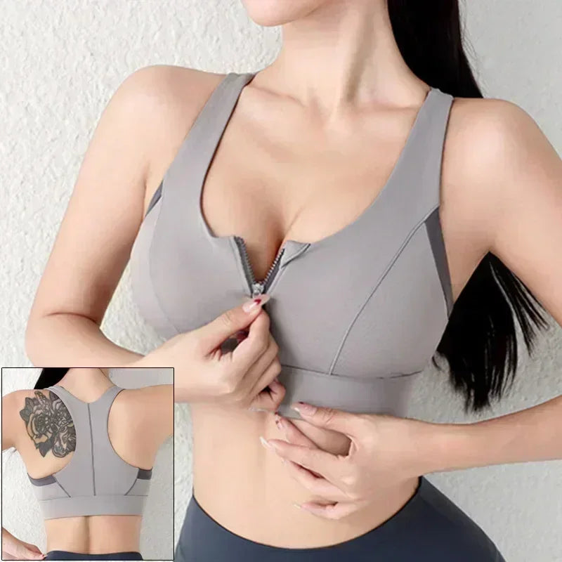 Front Zipper Push Up Sports Bra – Shockproof Gym Crop Top
