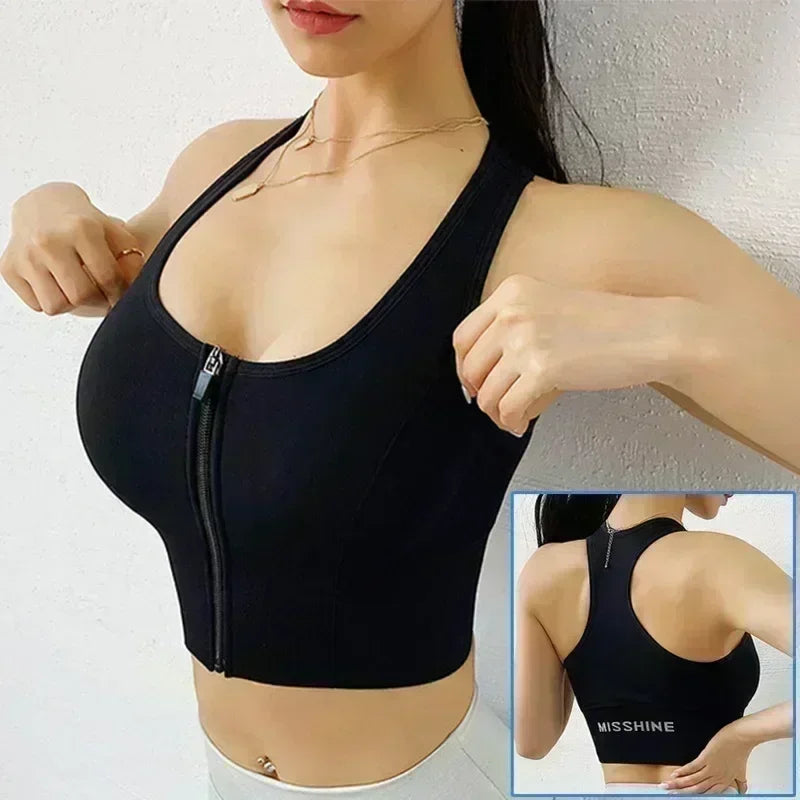 Front Zipper Push Up Sports Bra – Shockproof Gym Crop Top