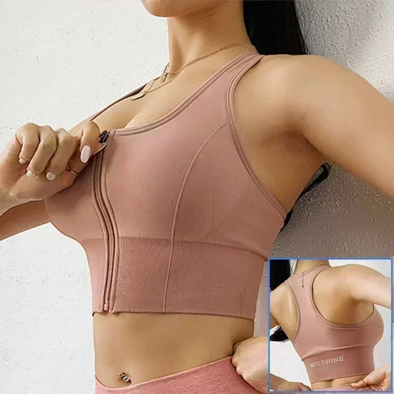 Front Zipper Push Up Sports Bra – Shockproof Gym Crop Top