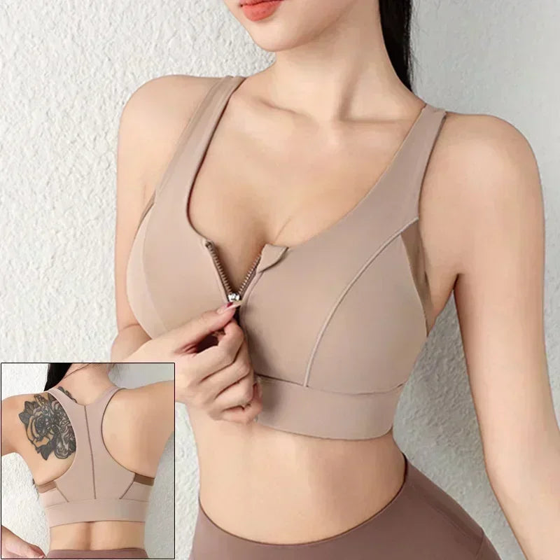Front Zipper Push Up Sports Bra – Shockproof Gym Crop Top